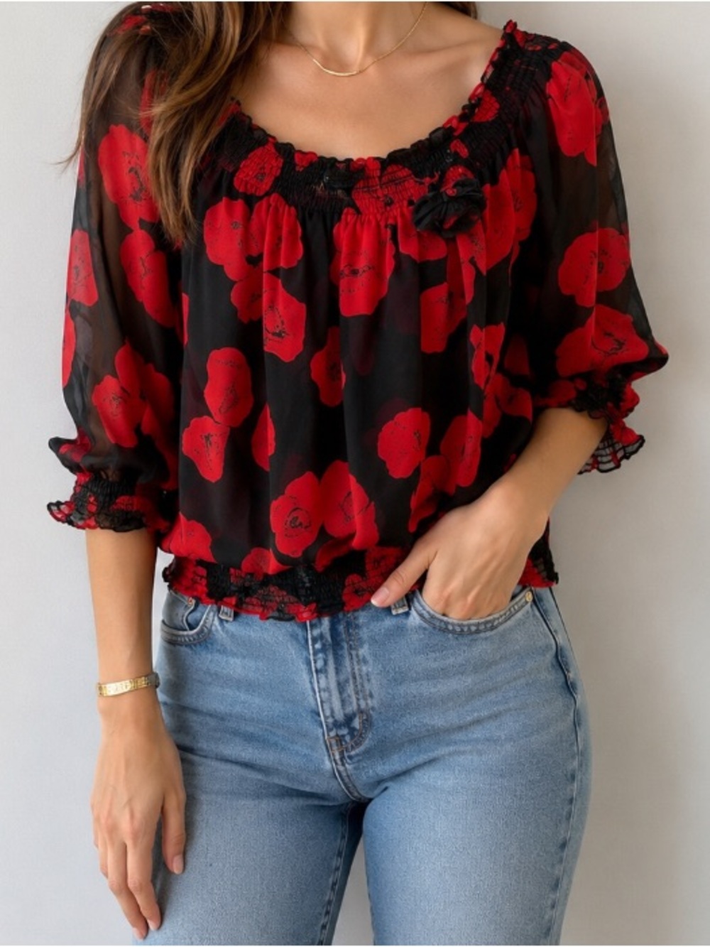 bebe Black Silk Sheer Blouse with Red Floral Print